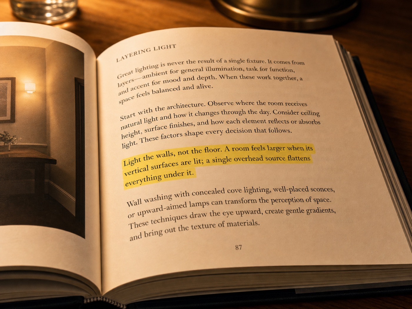 An open book with one paragraph highlighted: light the walls, not the floor