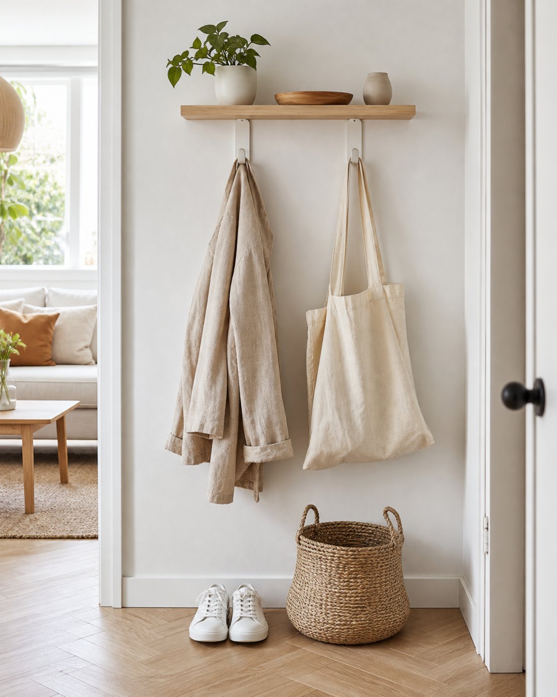 A small bright entryway with a shelf, hooks and a basket