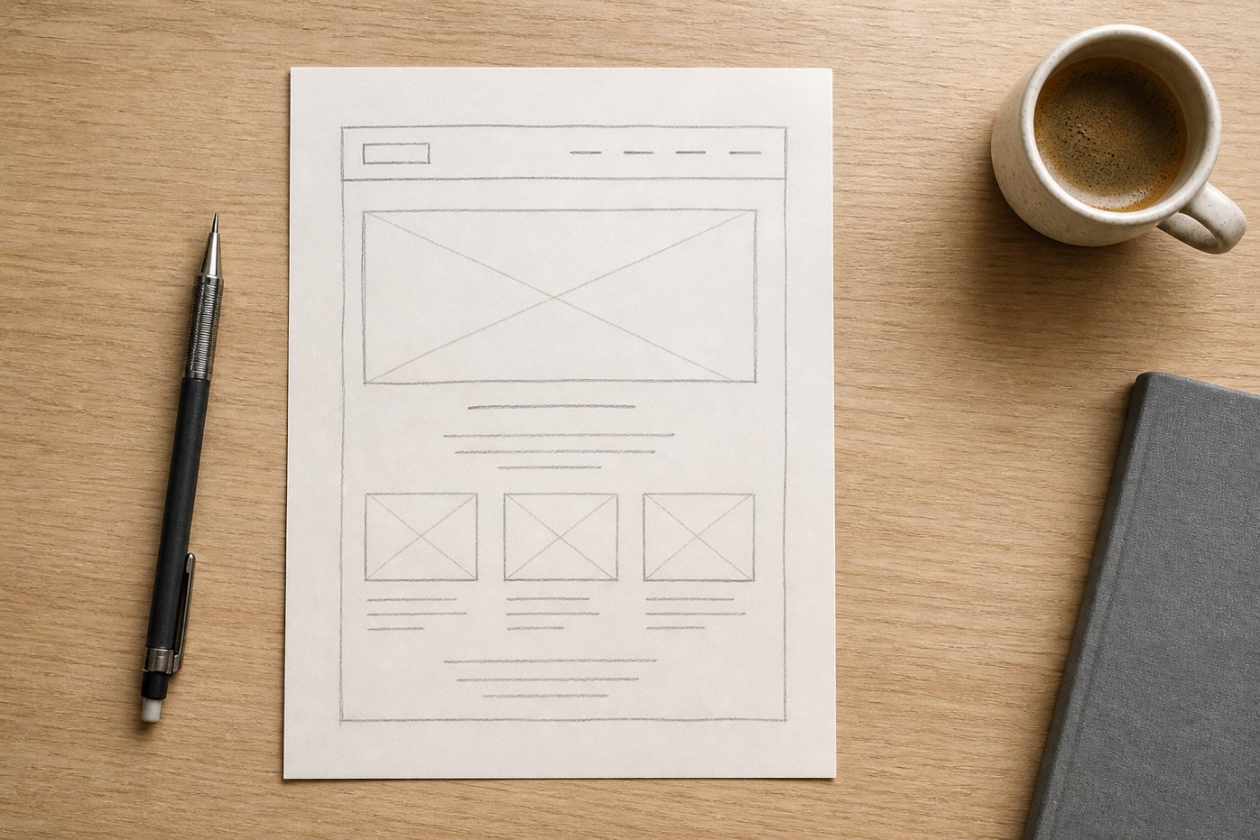 A pencil wireframe of a home page on a desk