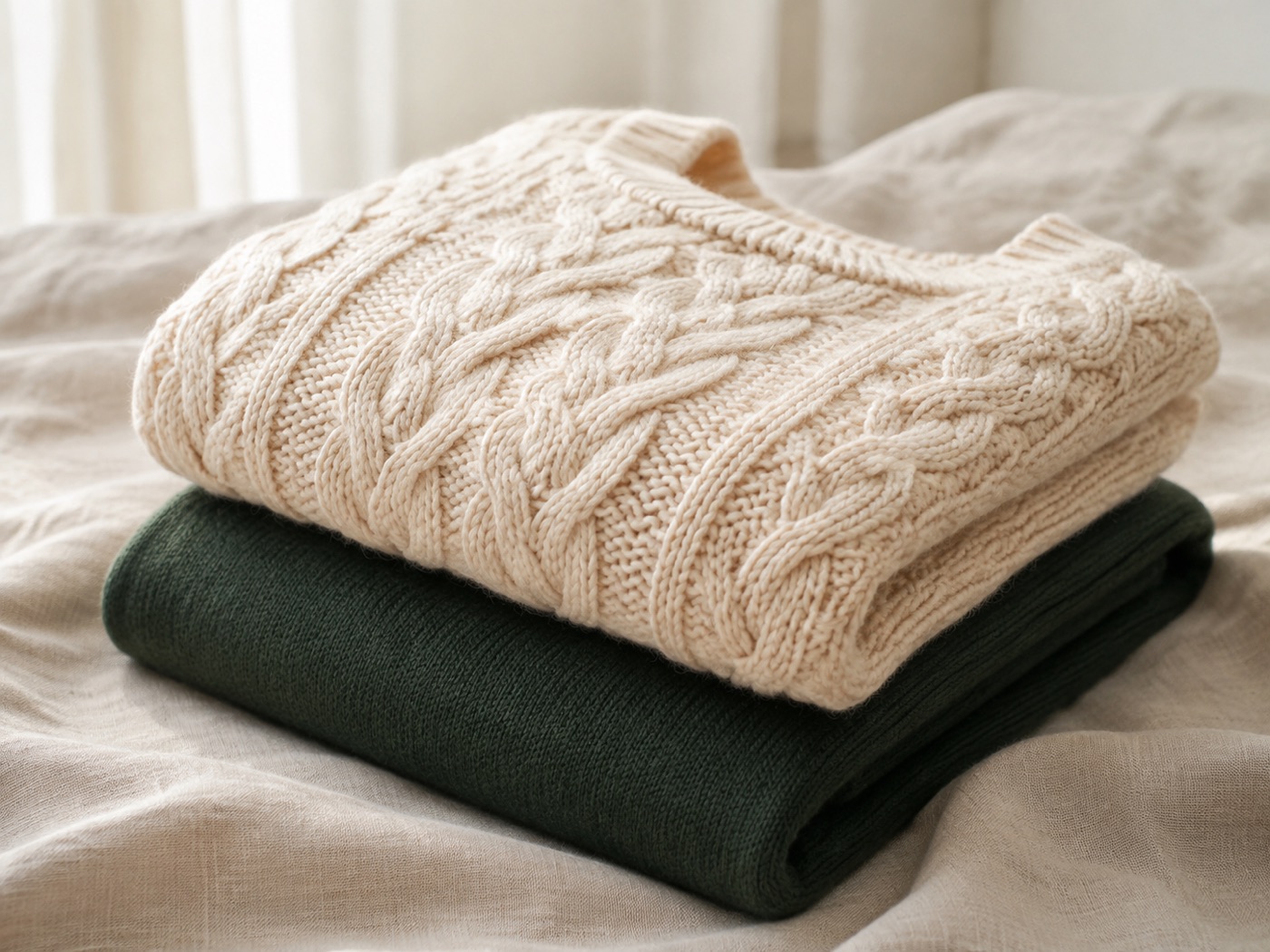 A cream cable-knit jumper on a green one