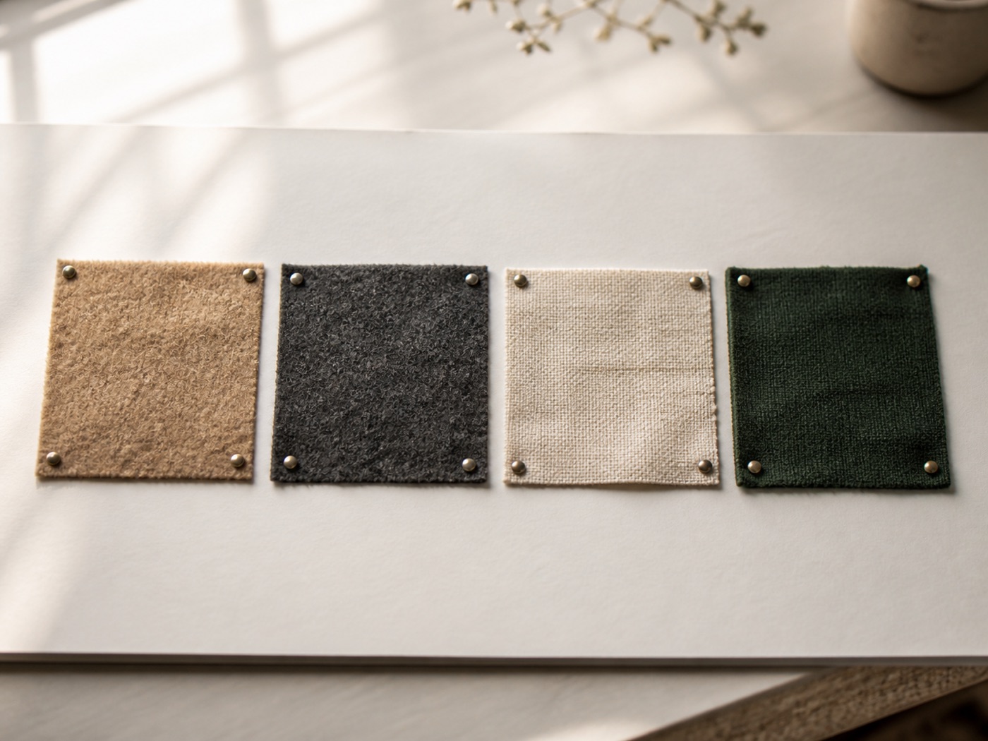 Four fabric swatches: camel, charcoal, bone, forest